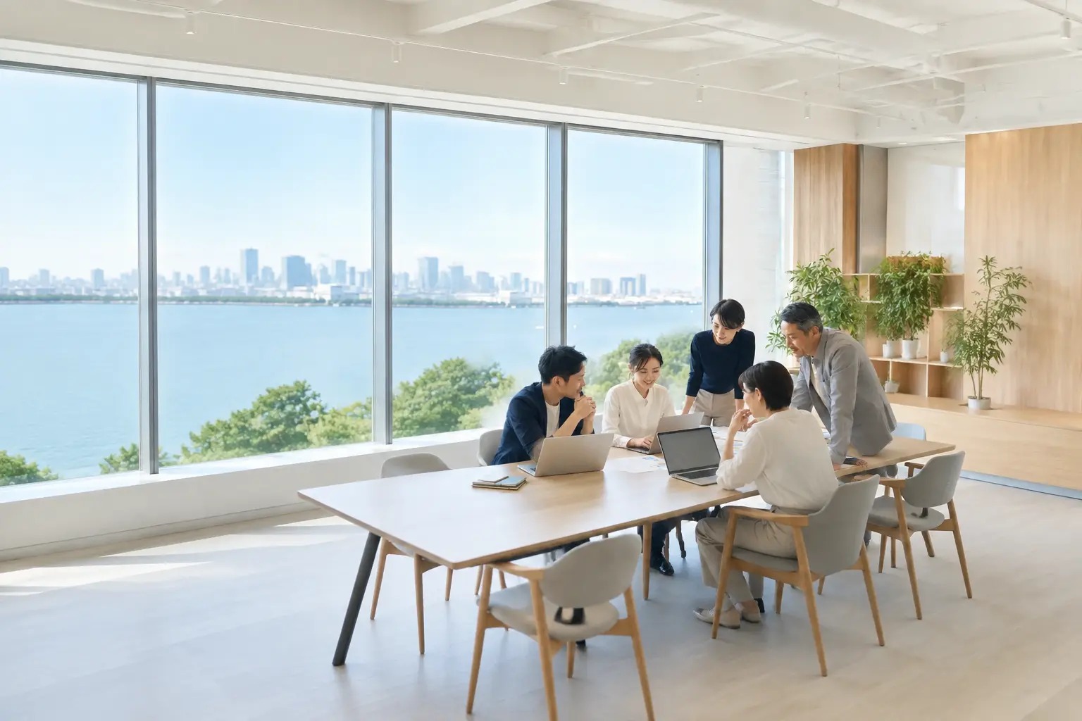 明るい水辺のオフィスで協働する日本人チーム